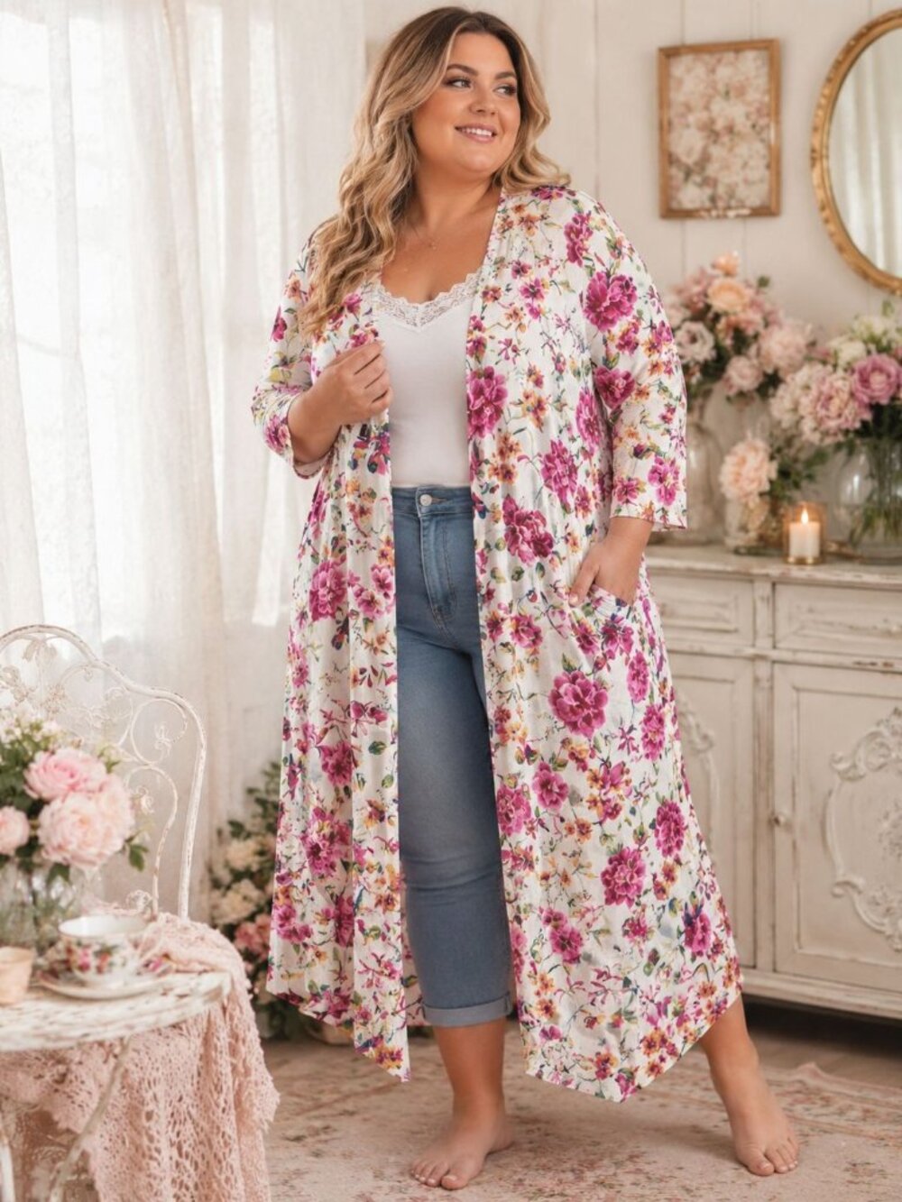 Pioneer Woman Pink Floral Birds Long Sleeve Duster Kimono Cardigan XXL/XXXL NWT